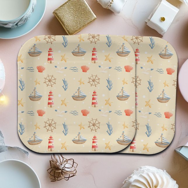 Boho Nautical Boat Lighthouse Muster Pappteller (Von Creator hochgeladen)