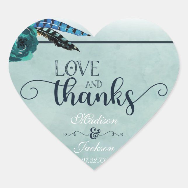 Boho Navy Blue & Aqua Wedding Liebe & Danke Herz-Aufkleber (Vorderseite)