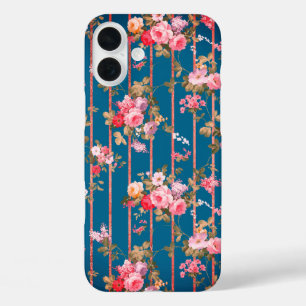 Boho navy blue blush pink floral rose gold stripes iPhone 16 plus hülle