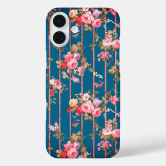 Boho navy blue blush pink floral rose gold stripes iPhone 16 plus hülle