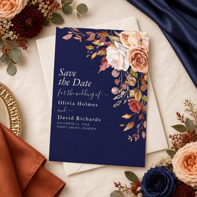 Boho Navy Blue Burnt Orange Floral Wedding Save The Date (Von Creator hochgeladen)