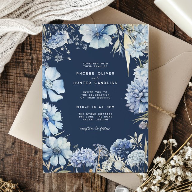Boho Navy Blue Gold Wildblumen Botanische Hochzeit Einladung (Von Creator hochgeladen)
