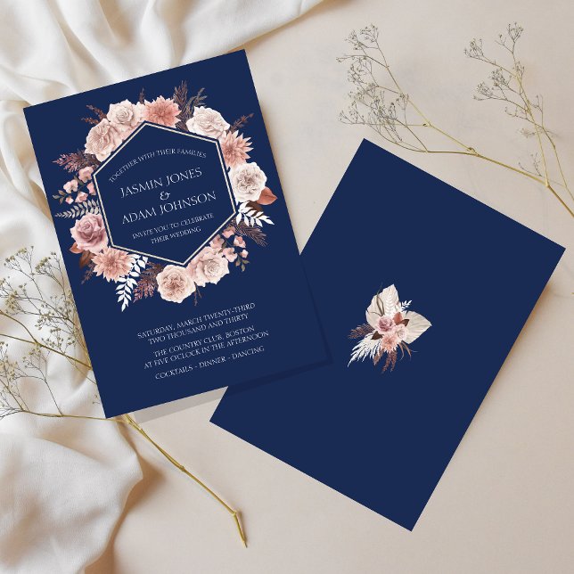 Boho Navy Blue Pink Floral Wreath Wedding Einladung (Boho Navy Blue Pink Floral Wreath Wedding Invitation)