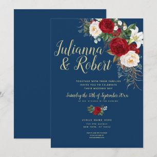 Boho Navy Blue und Burgund Floral Watercolor Einladung