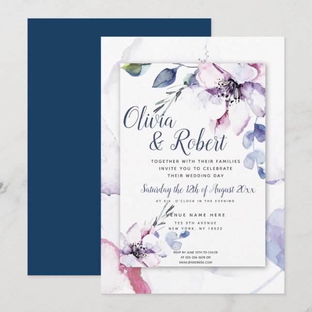 Boho Navy Blue und Watercolor Apfelblüten Einladung (Vorne/Hinten)