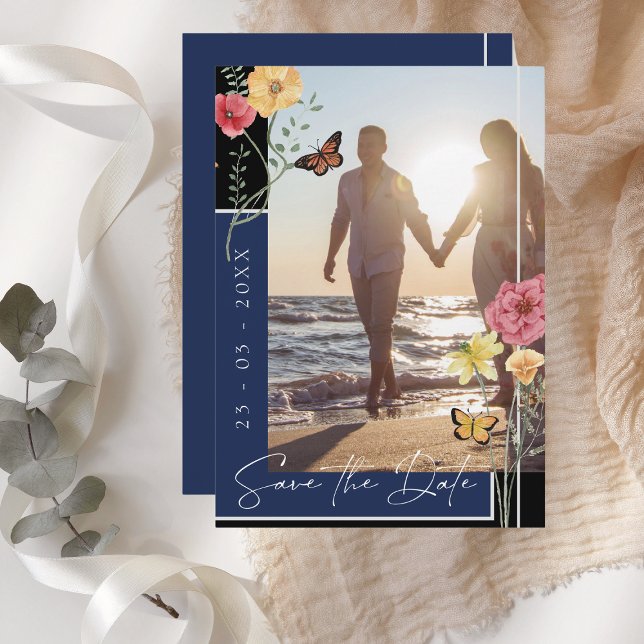 Boho Navy Blue Wildblumen Foto Save the Date (Von Creator hochgeladen)