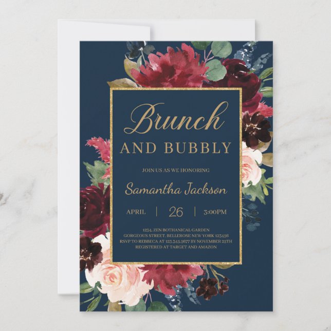 Boho navy burgundy Blumenbrunch mit Bläschen Einladung (Vorderseite)