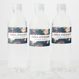 Boho Navy Floral Burgundwasser Flasche Etikett