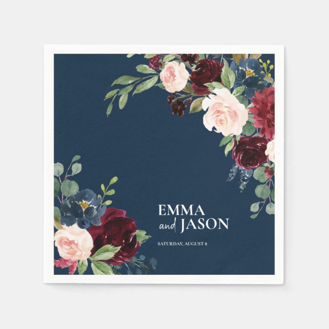 Boho Navy Floral Burgundy Blush Wedding Napkins Serviette (Vorderseite)