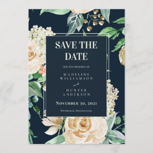 Boho Navy & Ivory Rose Elegant Save the Date Einladung