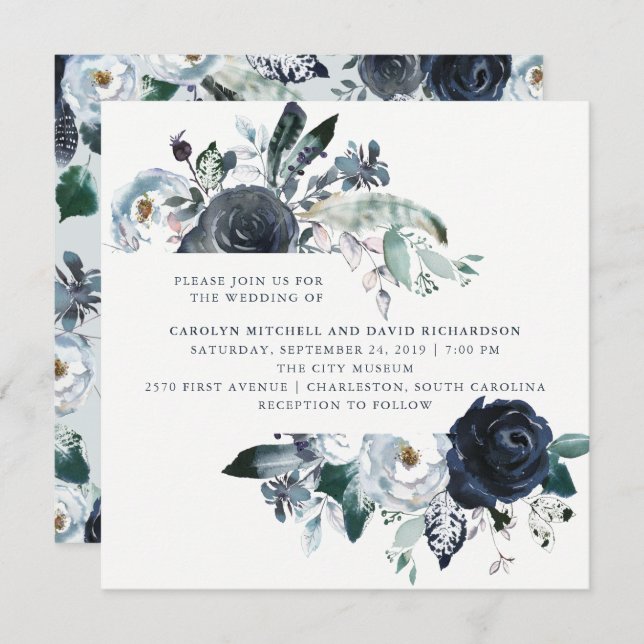 Boho Navy Peony Floral Wedding Einladung (Vorne/Hinten)