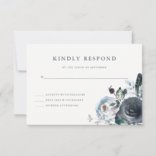 Boho Navy Peony Floral Wedding RSVP (Vorderseite)