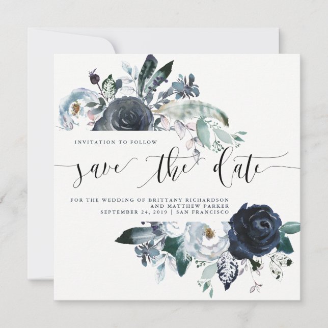 Boho Navy Peony Wedding Save the Date | Foto (Vorderseite)