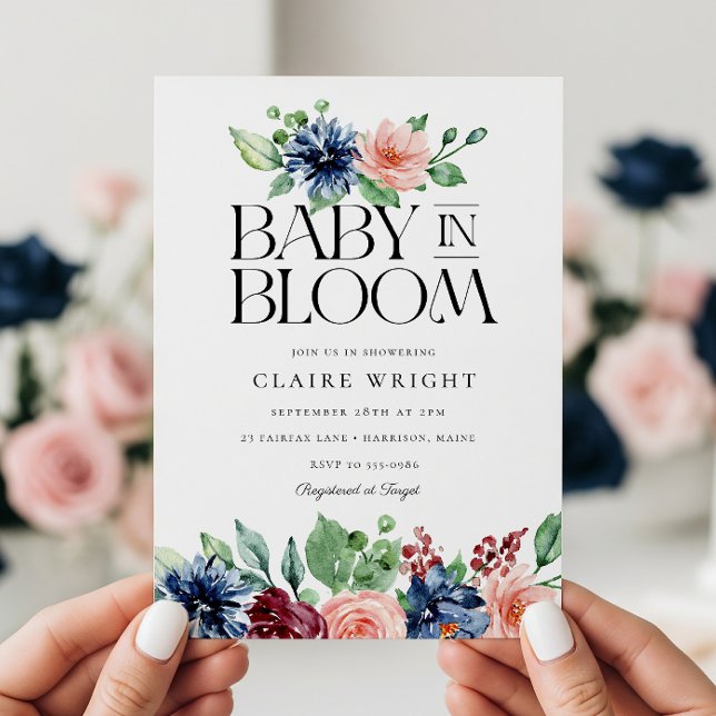 Boho Navy Pink Floral Baby in Bloom Baby Shower Einladung (Von Creator hochgeladen)