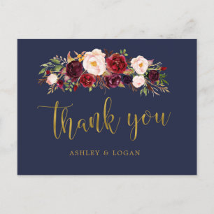 Boho Navy und Gold Floral Wedding Vielen Dank Postkarte