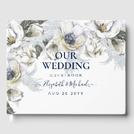 BOHO Navy White Floral Pampas Grass Wedding Gästebuch