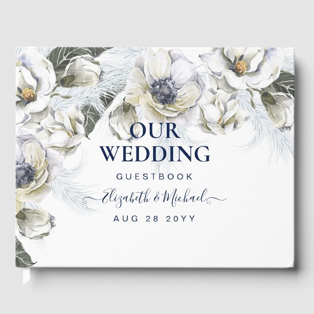 BOHO Navy White Floral Pampas Grass Wedding Gästebuch (Vorderseite)