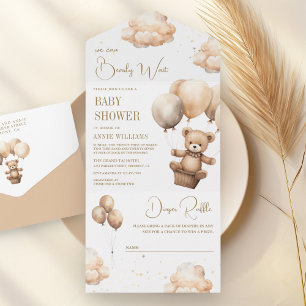 Boho-Neutral Braun Teddybär-Balloons Baby-Party All In One Einladung