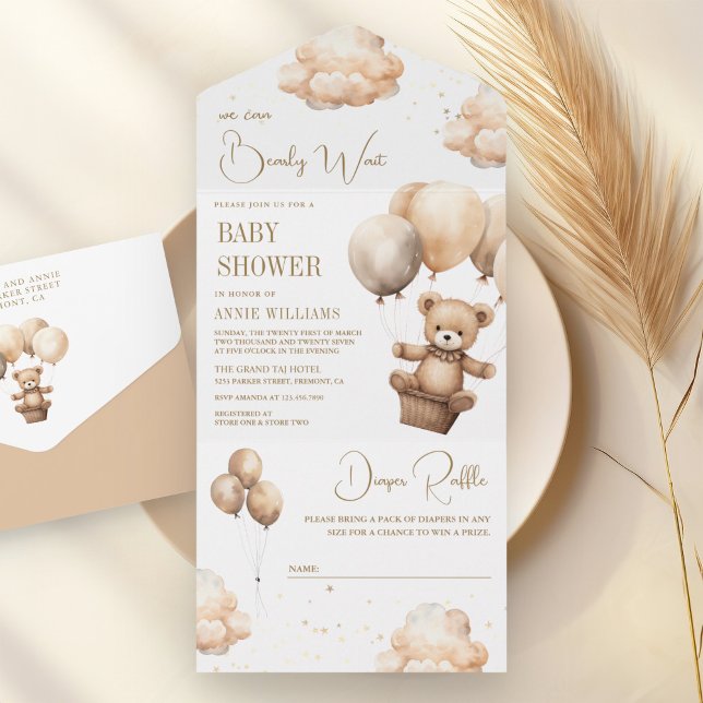 Boho Neutral Brown Teddy Bear Balloons Babydusche All In One Einladung (Von Creator hochgeladen)