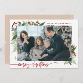 Boho Neutral Burgundy Red Frohe Weihnachts-Foto Feiertagskarte