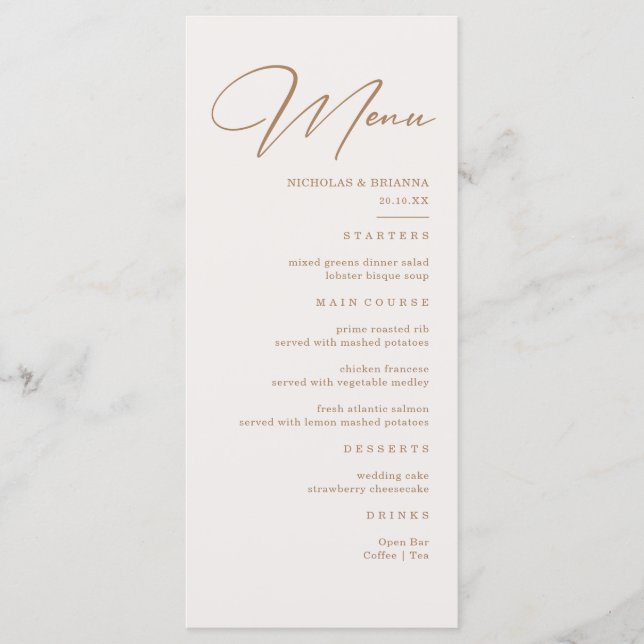 Boho Neutral Champagne Wedding Menu Menükarte (Vorderseite)