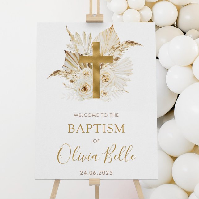 Boho Neutral Dried Palm Floral Taufen Willkommen Poster (Boho Neutral Dried Floral Baptism Welcome Sign)