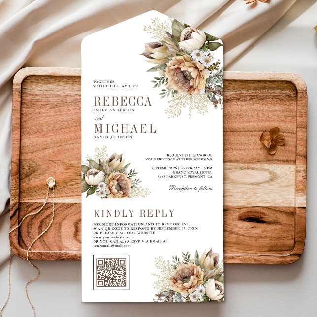 Boho Neutral Earthy Floral Taupe QR Code Hochzeit All In One Einladung (Von Creator hochgeladen)