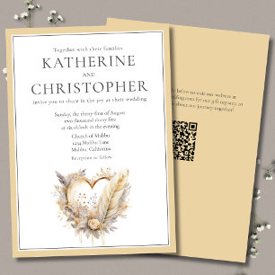 Boho Neutral Floral Feathers Herzkranzhochzeit Einladung