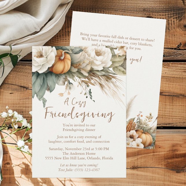 Boho Neutral Floral Pumpkins QR Code Friendsgiving Einladung (Boho neutral floral, greenery, and pumpkins Friendsgiving invitation)