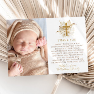 Boho Neutral Floral Taufe Christening Foto Dankeskarte