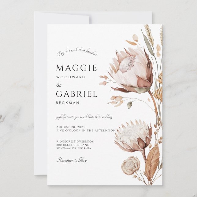 Boho Neutral Floral Wedding Einladung (Vorderseite)