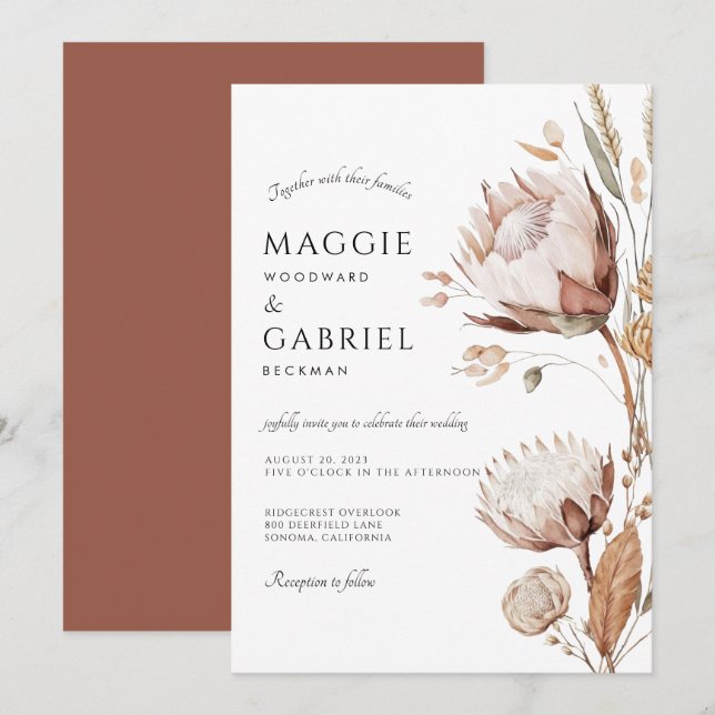Boho Neutral Floral Wedding Einladung (Vorne/Hinten)