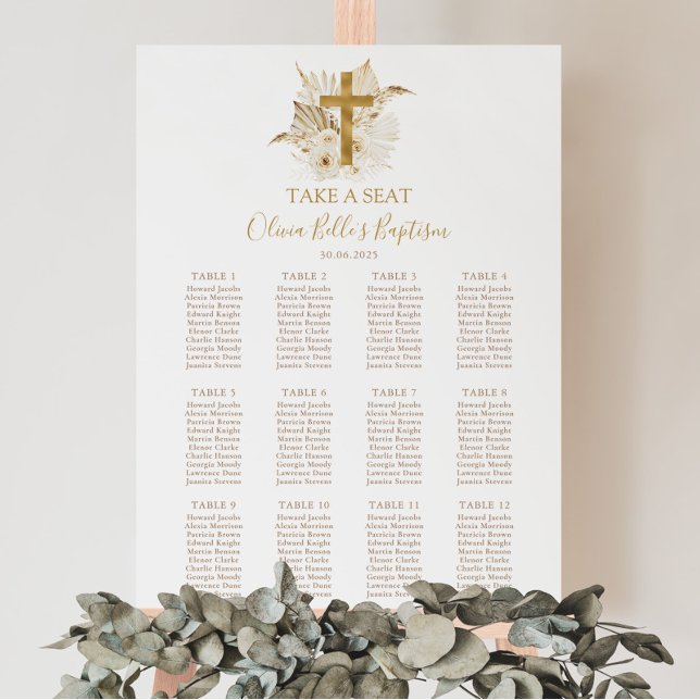 Boho Neutral Gold Taufen Seating Chart Sign Poster (Boho Neutral Baptism Seating Chart | Matching items available)
