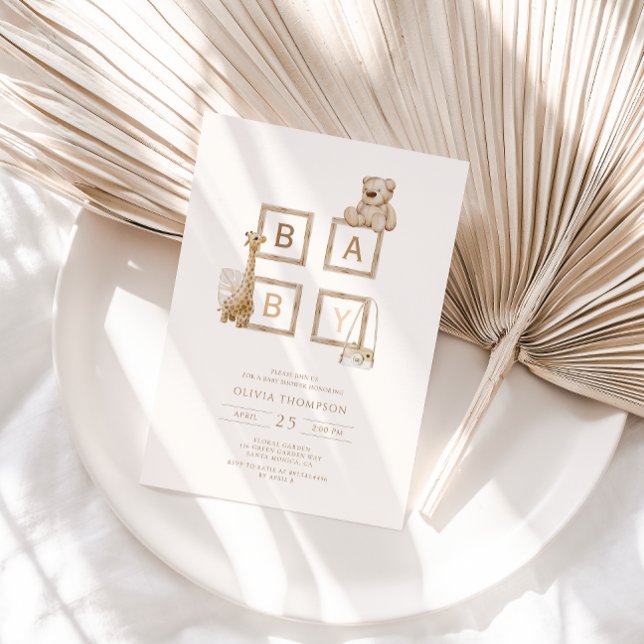 Boho Neutral Holzblock Buchstaben Babydusche Einladung (Von Creator hochgeladen)