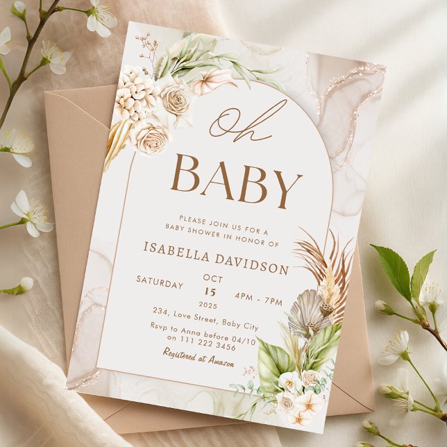 Boho Neutral Oh Baby Shower Pampas Floral Einladung (Boho Neutral Oh Baby Shower Pampas Floral Invitation)