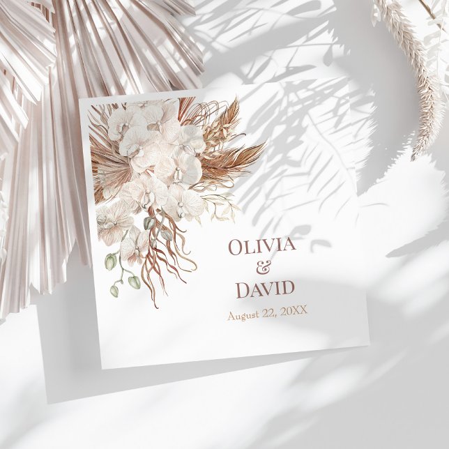 Boho Neutral Pampas Grass Wedding Napkins Serviette (Boho Neutral Pampas Grass Wedding Napkins on a sunny white table with white dry palm leaf.)