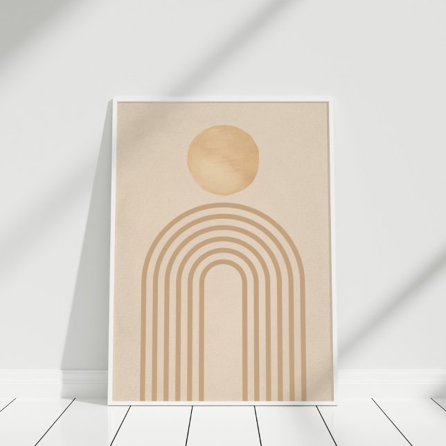 Boho Neutral Peach Terracotta Sun Rainbow Poster (Boho Neutral Peach Terracotta Sun Rainbow Poster in white frame on wooden floor.)