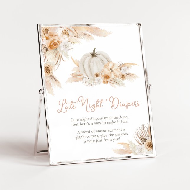 Boho Neutral Pumpkin Spate Night Diapers Poster (Gender Neutral Little Pumpkin Baby Shower Late Night Diapers Sign)