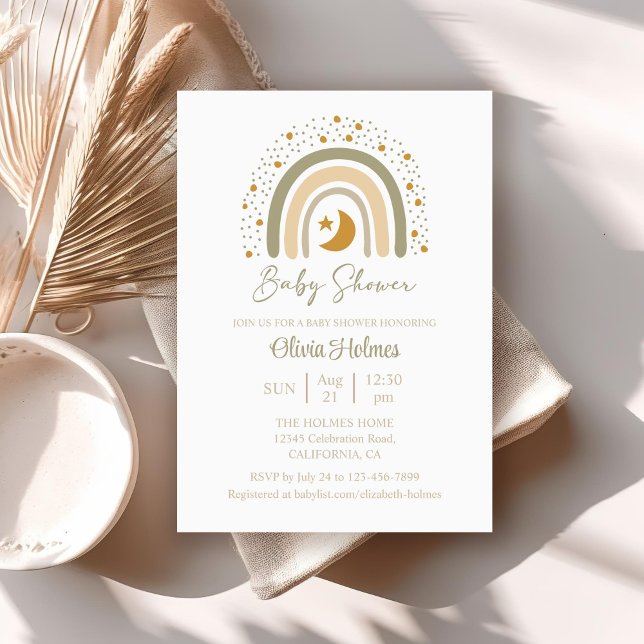 Boho Neutral Rainbow Baby Shower Einladung (Boho Watercolor Neutral Rainbow Baby Shower Invitation on a neutral boho table.)