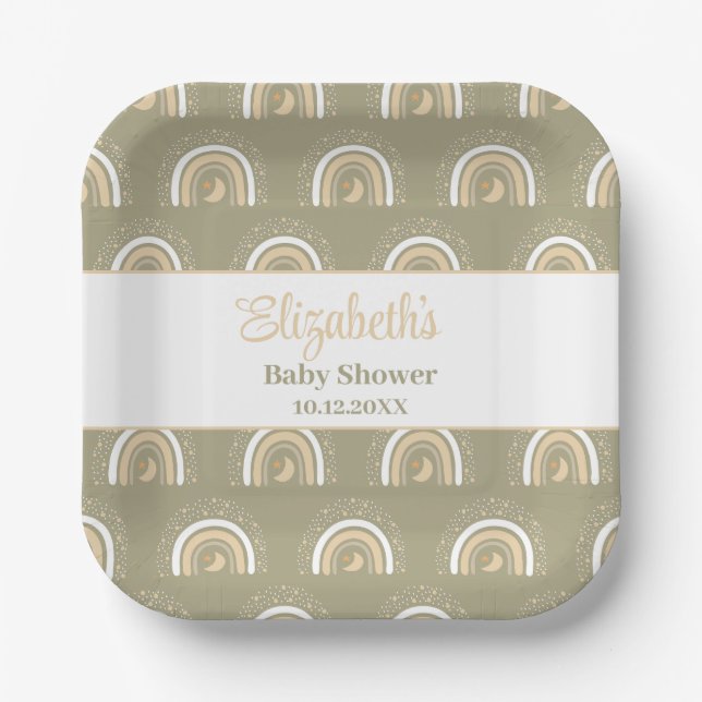 Boho Neutral Rainbow Baby Shower Pappteller (Vorderseite)