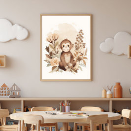 Boho Neutral  Safari Monkey Kids Nursery Art  Poster