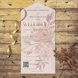 Boho Neutral Soft Autumn Bouquet Blush QR Code All In One Einladung