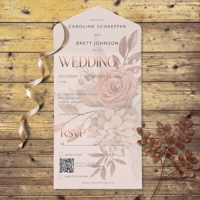 Boho Neutral Soft Autumn Bouquet Blush QR Code All In One Einladung (Also available without a QR code; with or without dinner selection options.)