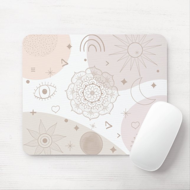Boho Neutral Space Doodles Ästhetisches Design Mousepad (Mit Mouse)