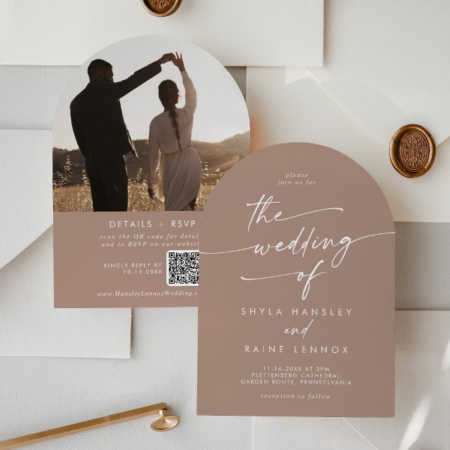 Boho Neutral Taupe Foto QR Code Arch Wedding Einladung (Von Creator hochgeladen)