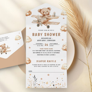 Boho Neutral Teddy Bear Airplane Babydusche All In One Einladung