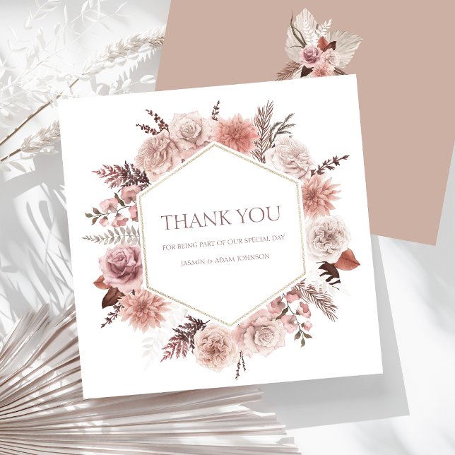 Boho Neutral Terracotta Blumenzeremonie Dankeskarte (Boho Dusty Pink Dried Flowers Wreath Wedding Thank You Card)