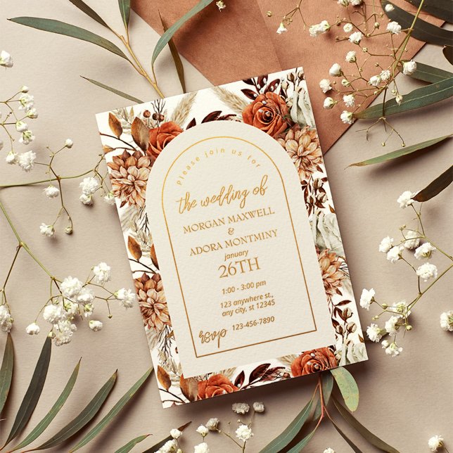 Boho Neutral Watercolor Pampas Wedding Folieneinladung (Von Creator hochgeladen)