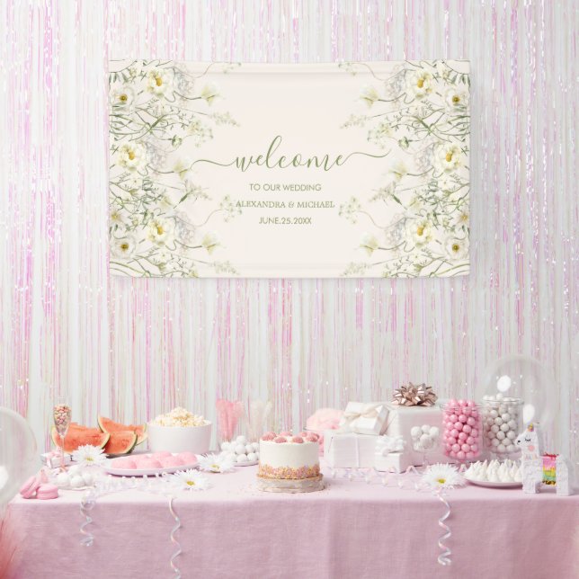 Boho Neutral White Watercolor Wildblume Hochzeit Banner (Party)