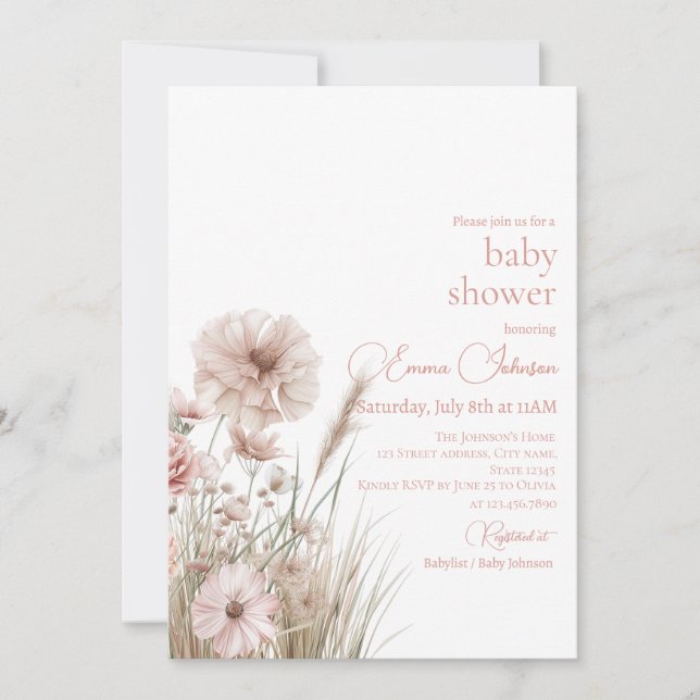 Boho Neutral Wildflower Baby Shower Invitation Einladung (Vorderseite)